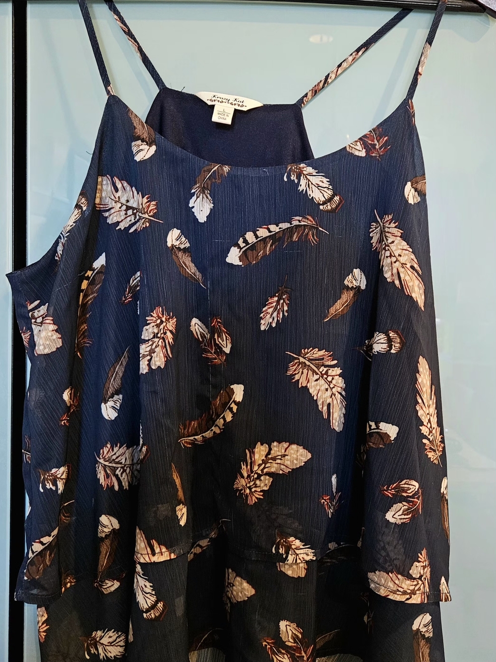 Navy Feather Print Cold-Shoulder Tank Top